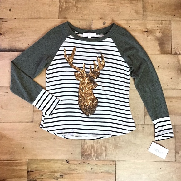 Moa Moa Girls Striped Sequin Reindeer Christmas Long Sleeve Shirt Size Med 6X-8 - Picture 1 of 6